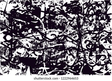 Distressed background in black and white texture with dots, spots, scratches and lines. Abstract vector illustration