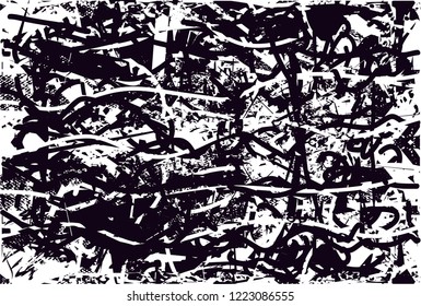 Distressed background in black and white texture with dots, spots, scratches and lines. Abstract vector illustration