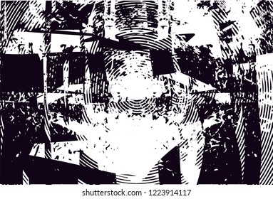 Distressed background in black and white texture with dots, spots, scratches and circles. Abstract vector illustration