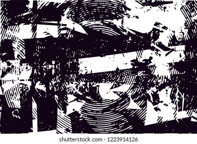 Distressed background in black and white texture with dots, spots, scratches and circles. Abstract vector illustration