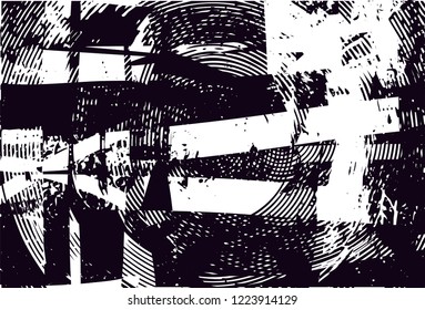 Distressed background in black and white texture with dots, spots, scratches and circles. Abstract vector illustration