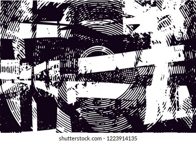Distressed background in black and white texture with dots, spots, scratches and circles. Abstract vector illustration