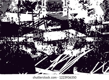 Distressed background in black and white texture with dots, spots, scratches and circles. Abstract vector illustration