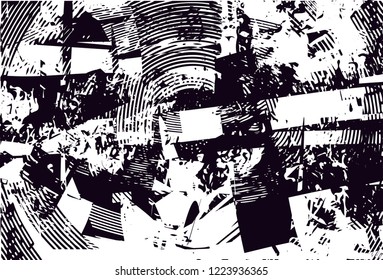 Distressed background in black and white texture with dots, spots, scratches and circles. Abstract vector illustration