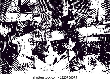 Distressed background in black and white texture with dots, spots, scratches and circles. Abstract vector illustration