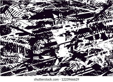Distressed background in black and white texture with dots, spots, scratches and circles. Abstract vector illustration