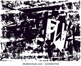 Distressed background in black and white texture with dots, spots, scratches and lines. Abstract vector illustration