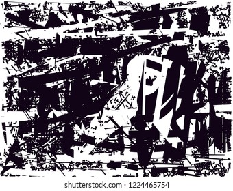 Distressed background in black and white texture with dots, spots, scratches and lines. Abstract vector illustration