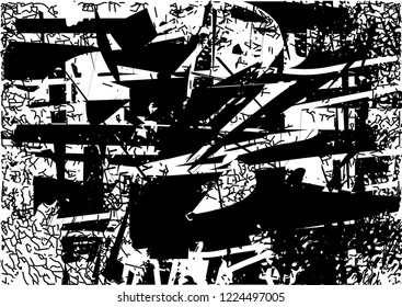 Distressed background in black and white texture with dots, spots, scratches and lines. Abstract vector illustration