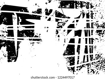 Distressed background in black and white texture with dots, spots, scratches and lines. Abstract vector illustration