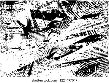 Distressed background in black and white texture with dots, spots, scratches and circles. Abstract vector illustration