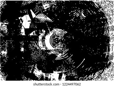 Distressed background in black and white texture with dots, spots, scratches and circles. Abstract vector illustration