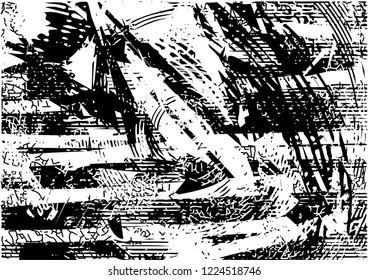 Distressed background in black and white texture with dots, spots, scratches, lines and circles. Abstract vector illustration
