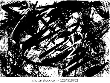 Distressed background in black and white texture with dots, spots, scratches, lines and circles. Abstract vector illustration