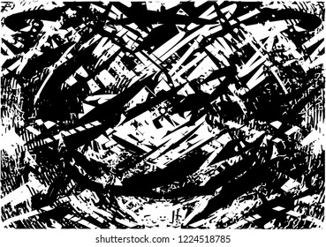 Distressed background in black and white texture with dots, spots, scratches, lines and circles. Abstract vector illustration