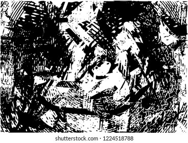 Distressed background in black and white texture with dots, spots, scratches, lines and circles. Abstract vector illustration
