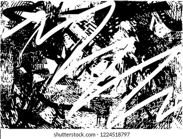 Distressed background in black and white texture with dots, spots, scratches, lines and circles. Abstract vector illustration