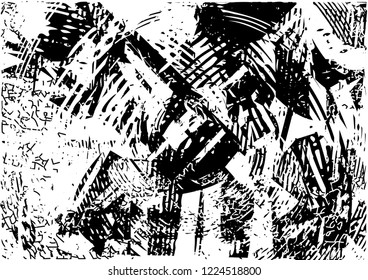 Distressed background in black and white texture with dots, spots, scratches, lines and circles. Abstract vector illustration