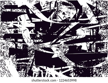 Distressed background in black and white texture with dots, spots, scratches and lines. Abstract vector illustration