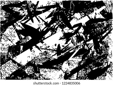 Distressed background in black and white texture with dots, spots, scratches and lines. Abstract vector illustration