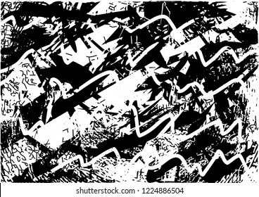 Distressed background in black and white texture with dots, spots, scratches and lines. Abstract vector illustration