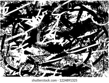 Distressed background in black and white texture with dots, spots, scratches and lines. Abstract vector illustration