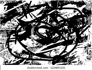 Distressed background in black and white texture with dots, spots, scratches and lines. Abstract vector illustration