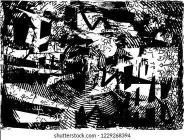 Distressed background in black and white texture with circles, spots, scratches and lines. Abstract vector illustration