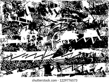 Distressed background in black and white texture with circles, spots, scratches and lines. Abstract vector illustration