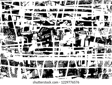 Distressed background in black and white texture with circles, spots, scratches and lines. Abstract vector illustration