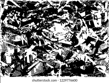Distressed background in black and white texture with circles, spots, scratches and lines. Abstract vector illustration
