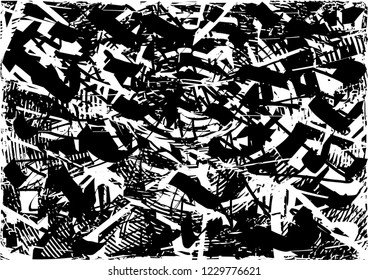 Distressed background in black and white texture with circles, spots, scratches and lines. Abstract vector illustration