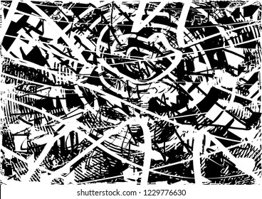 Distressed background in black and white texture with circles, spots, scratches and lines. Abstract vector illustration