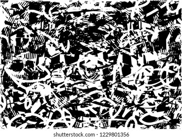 Distressed background in black and white texture with circles, spots, scratches and lines. Abstract vector illustration