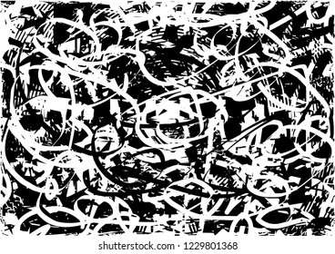Distressed background in black and white texture with circles, spots, scratches and lines. Abstract vector illustration