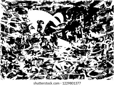 Distressed background in black and white texture with circles, spots, scratches and lines. Abstract vector illustration