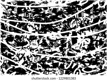 Distressed background in black and white texture with circles, spots, scratches and lines. Abstract vector illustration