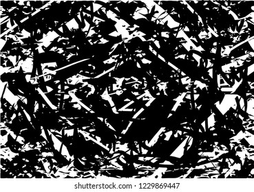 Distressed background in black and white texture with circles, spots, scratches and lines. Abstract vector illustration