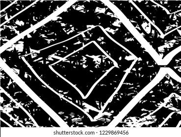Distressed background in black and white texture with circles, spots, scratches and lines. Abstract vector illustration