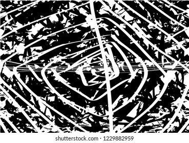 Distressed background in black and white texture with circles, spots, scratches and lines. Abstract vector illustration