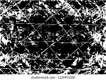 Distressed background in black and white texture with dots, spots, scratches and lines. Abstract vector illustration