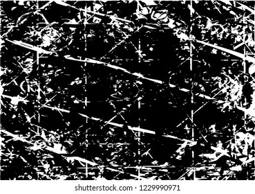 Distressed background in black and white texture with dots, spots, scratches and lines. Abstract vector illustration