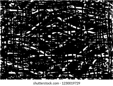 Distressed background in black and white texture with dots, spots, scratches and lines. Abstract vector illustration