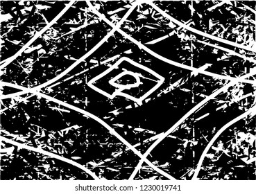 Distressed background in black and white texture with dots, spots, scratches and lines. Abstract vector illustration
