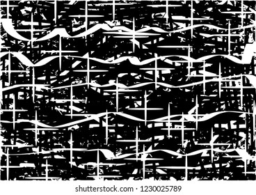 Distressed background in black and white texture with dots, spots, scratches and lines. Abstract vector illustration