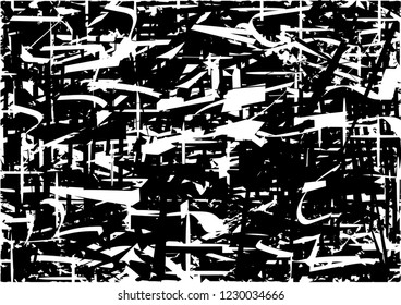 Distressed background in black and white texture with dots, spots, scratches and lines. Abstract vector illustration