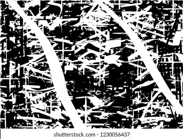 Distressed background in black and white texture with dots, spots, scratches and lines. Abstract vector illustration