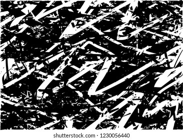 Distressed background in black and white texture with dots, spots, scratches and lines. Abstract vector illustration