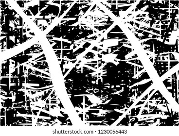 Distressed background in black and white texture with dots, spots, scratches and lines. Abstract vector illustration
