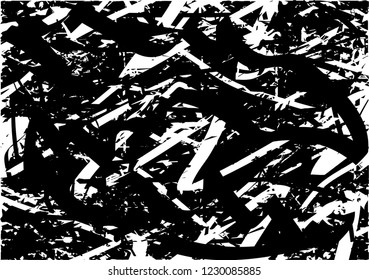 Distressed background in black and white texture with dots, spots, scratches and lines. Abstract vector illustration